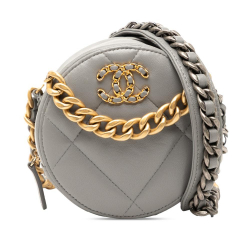 Chanel AB Chanel Gray Lambskin Leather Leather Lambskin 19 Round Clutch with Chain Italy