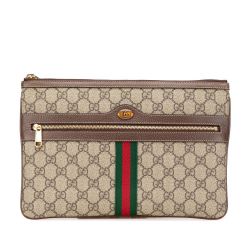 Gucci B Gucci Brown Beige Coated Canvas Fabric GG Supreme Web Ophidia Clutch Italy