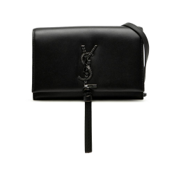 Saint Laurent AB Saint Laurent Black Calf Leather Beaded Hardware Monogram Kate Tassel Wallet on Chain Italy
