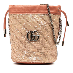 Gucci AB Gucci Pink Calf Leather Small GG Marmont Sequined Diagonal Matelasse Bucket Bag Italy