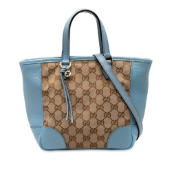 Gucci B Gucci Brown Beige with Blue Light Blue Canvas Fabric Small GG Bree Satchel Italy