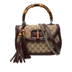 Gucci B Gucci Brown Beige Canvas Fabric Medium GG New Bamboo Top Handle Bag Italy