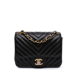 Chanel B Chanel Black Lambskin Leather Leather Mini Square Classic Chevron Lambskin Single Flap France