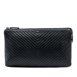 Chanel B Chanel Black Caviar Leather Leather CC Chevron Caviar Zip Clutch Italy