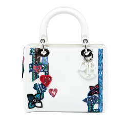 Christian Dior B Dior White Calf Leather Medium Embroidered skin Heart and Floral Sequin Lady Dior Italy