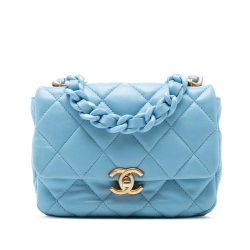 Chanel AB Chanel Blue Light Blue Lambskin Leather Leather Mini Quilted Lambskin Lacquered Chain Flap Italy