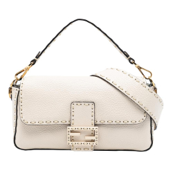 Fendi AB Fendi Brown Beige Calf Leather Medium Selleria Baguette Satchel Italy