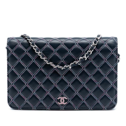 Chanel AB Chanel Blue Navy Lambskin Leather Leather CC Quilted Lambskin Double Stitch Wallet On Chain Italy