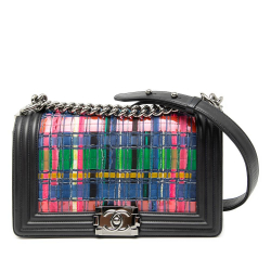 Chanel AB Chanel Black Lambskin Leather Leather Old Medium Lambskin and Woven PVC Boy Flap France