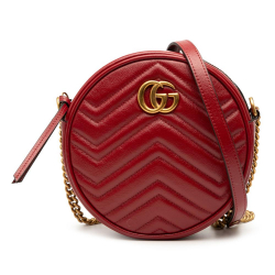 Gucci AB Gucci Red Calf Leather Mini GG Marmont Matelasse Round Crossbody Italy