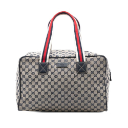 Gucci B Gucci Gray Canvas Fabric GG Web Travel Bag Italy