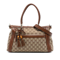Gucci B Gucci Brown Beige Canvas Fabric GG Bella Satchel Italy