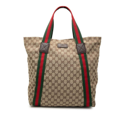 Gucci B Gucci Brown Beige Canvas Fabric GG Web Tote Italy