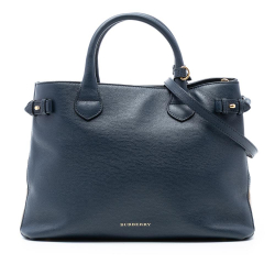 Burberry B Burberry Blue Navy with Brown Light Brown Calf Leather Medium and House Check Banner Satchel Italy