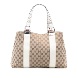 Gucci B Gucci Brown Beige with White Canvas Fabric Medium GG Bamboo Libeccio Tote Italy