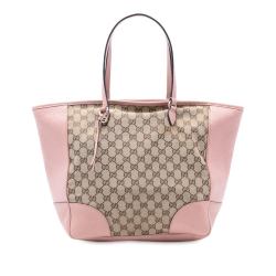 Gucci B Gucci Brown Beige with Pink Canvas Fabric GG Bree Zippered Tote Italy