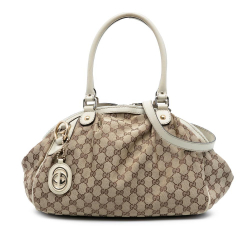 Gucci B Gucci Brown Beige Canvas Fabric GG Sukey Satchel Italy