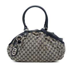 Gucci B Gucci Brown Beige with Blue Calf Leather GG Canvas Sukey Satchel Italy