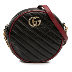 Gucci AB Gucci Black Calf Leather Mini GG Marmont Matelasse Torchon Round Crossbody Italy