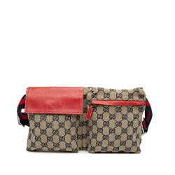 Gucci AB Gucci Brown Beige with Red Canvas Fabric GG Web Double Pocket Belt Bag Italy