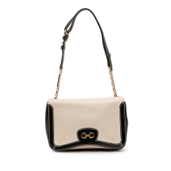 Ferragamo B Ferragamo White Ivory with Black Calf Leather Double Gancini Shoulder Bag Italy