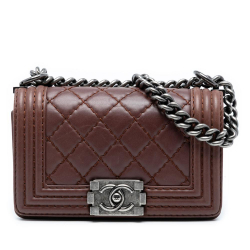 Chanel Brown Dark Brown Lambskin Leather Leather Small Quilted Lambskin Wild Stitch Boy Flap France