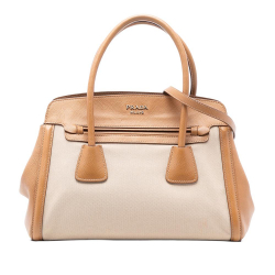 Prada B Prada Brown Beige Canvas Fabric Saffiano Cuir Trimmed Canapa Satchel Italy