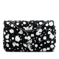 Chanel B Chanel Black with White Tweed Fabric Medium Chevron Paint Splatter Double Flap France