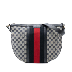 Gucci B Gucci Brown Beige Canvas Fabric Medium GG Web Half Moon Crossbody Italy