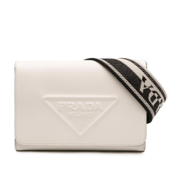 Prada AB Prada White Saffiano Leather Triangle Embossed Logo Flap Crossbody Italy