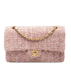 Chanel B Chanel Pink Light Pink Tweed Fabric Medium Classic Double Flap France