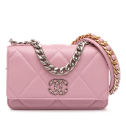 Chanel AB Chanel Pink Light Pink Lambskin Leather Leather Quilted Lambskin 19 Wallet on Chain Italy