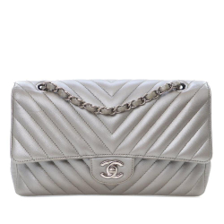 Chanel AB Chanel Silver Caviar Leather Leather Medium Classic Chevron Caviar Double Flap France
