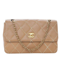 Chanel AB Chanel Brown Beige Calf Leather Medium CC Quilted skin Wild Stitch Flap France