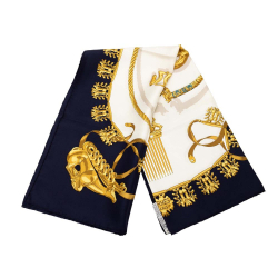 Hermès B Hermès White with Blue Navy Silk Fabric Les Cavaliers d Or Scarf France