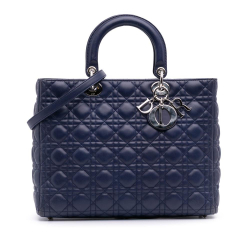Christian Dior B Dior Blue Dark Blue Lambskin Leather Leather Large Lambskin Cannage Lady Dior Italy