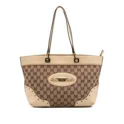 Gucci B Gucci Brown Beige Canvas Fabric GG Punch Tote Italy