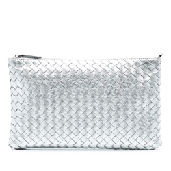 Bottega Veneta AB Bottega Veneta Silver Calf Leather Metallic Intrecciato Clutch Italy