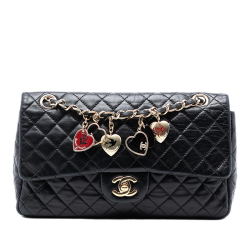 Chanel Black Medium Classic Lambskin Valentines Heart Charms Single Flap Italy
