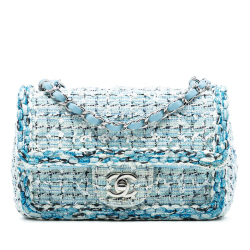 Chanel B Chanel Blue Light Blue Tweed Fabric Mini Rectangular Classic Braided Single Flap France