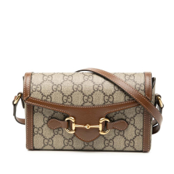Gucci AB Gucci Brown Beige Coated Canvas Fabric Mini GG Supreme Horsebit 1955 Crossbody Italy