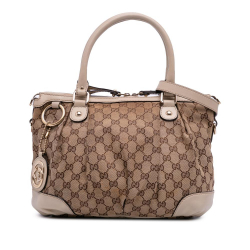 Gucci B Gucci Brown Beige Canvas Fabric GG Sukey Satchel Italy