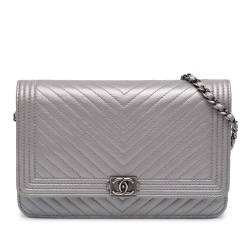 Chanel B Chanel Silver Caviar Leather Leather Chevron Metallic Caviar Boy Wallet On Chain Italy