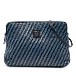 Fendi B Fendi Blue with Black Calf Leather Woven FF Crossbody Italy