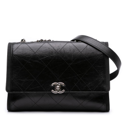 Chanel B Chanel Black Calf Leather CC Quilted Crumpled skin and Grosgrain Flap Italy