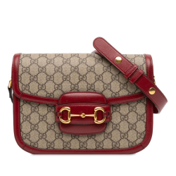 Gucci B Gucci Brown Beige with Red Coated Canvas Fabric Medium GG Supreme Horsebit 1955 Shoulder Bag Italy