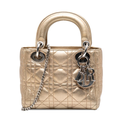 Christian Dior B Dior Gold Light Gold Lambskin Leather Leather Mini Metallic Lambskin Cannage Lady Dior Italy