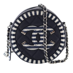 Chanel AB Chanel Blue Navy Caviar Leather Leather Caviar Striped CC Filigree Round Crossbody France