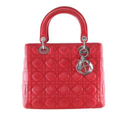 Christian Dior B Dior Red Lambskin Leather Leather Medium Lambskin Cannage Lady Dior Italy