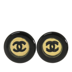 Chanel B Chanel Black with Gold Resin Plastic CC and Gold Plated Stud Button Push Back Earring France